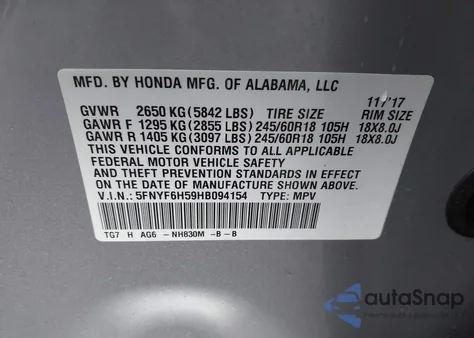 2017 Honda Pilot Ex-L из США, поврежденный, VIN 5FNYF6H59HB094154